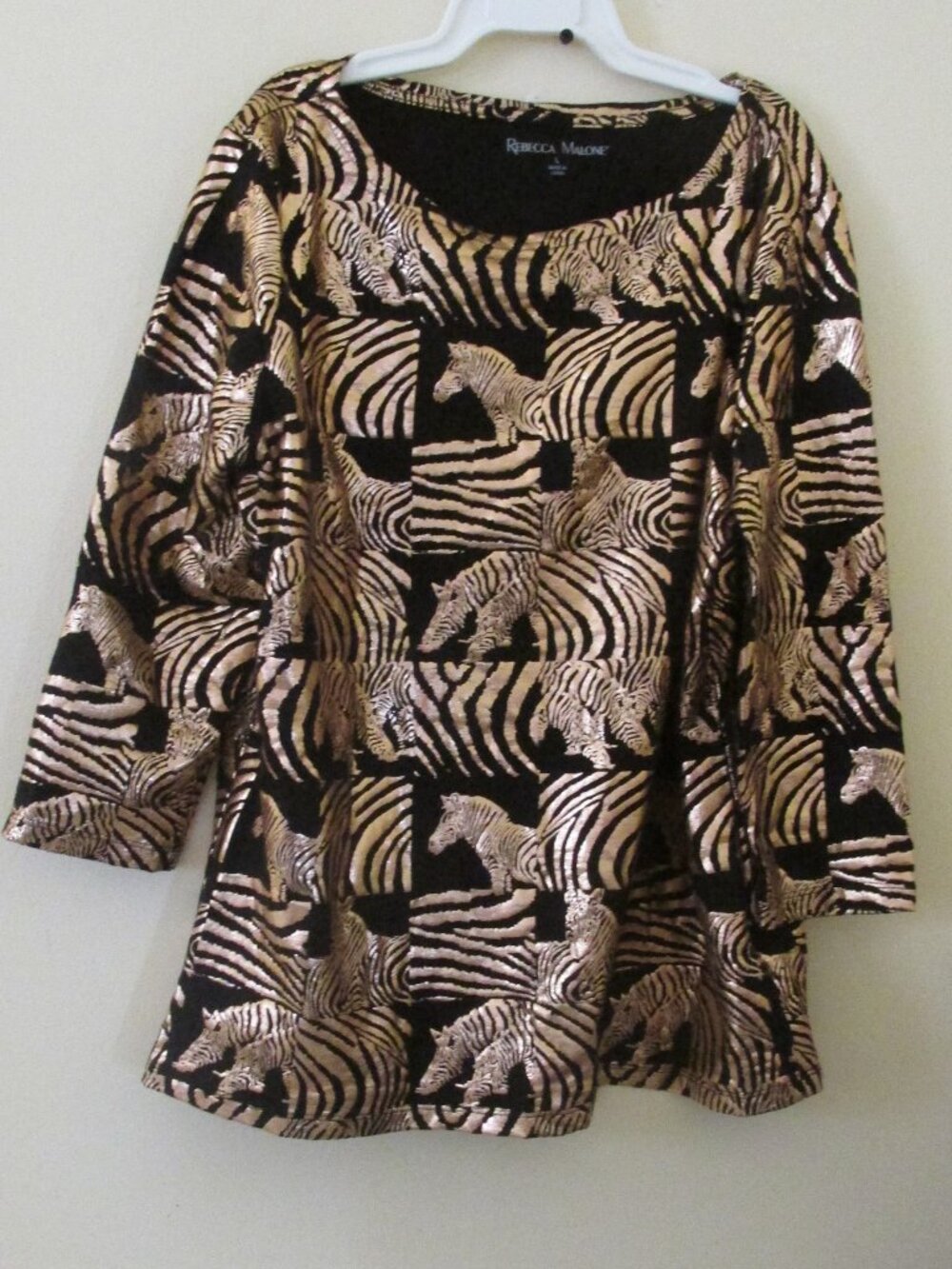 Rebecca Malone Women's M 3/4 Sleeve black/gold Zebra Print Shirt cotton spandex